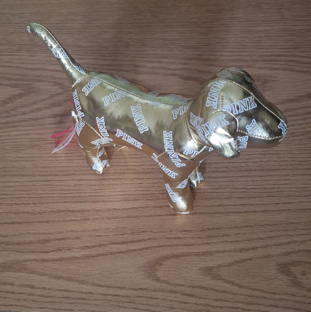 2014 Victoria's Secret PINK Metallic Gold Logo Mini Dog Plush Stuffed Animal 6"